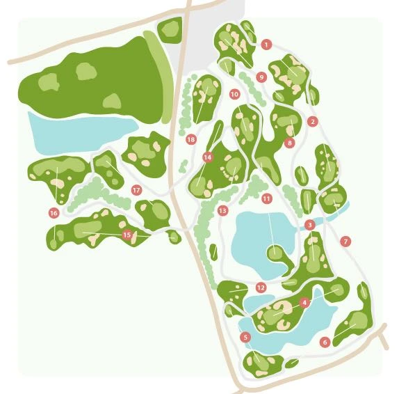 Plano del campo visto desde arriba: los 18 hoyos con sus greens, búnkeres y lagos, la zona de prácticas y los caminos.